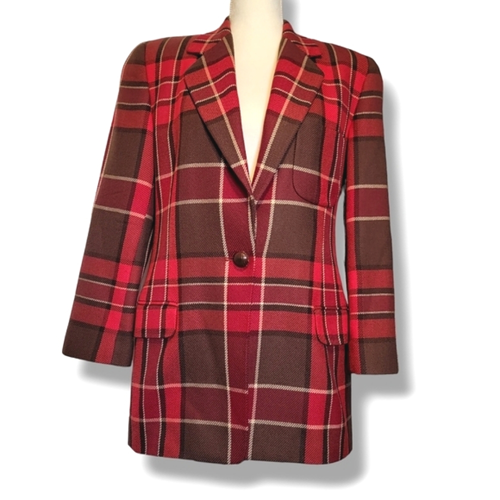 EUC Linda Allard Wool Cashmere Blend Red Plaid Suit Blazer‎ Coat Jacket Size 4 - Picture 9 of 11